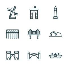 Wall Mural - set of 9 linear icons from monuments concept. outline icons such as kinderdijk windmills, ejer baunehoj, clock tower, medieval, stari most, dpr/mpr building vector