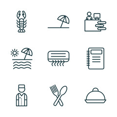 Wall Mural - set of 9 linear icons from hotel concept. outline icons such as lobster, beach umbrella, receptionist, bellboy, restaurant, dish vector