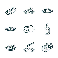 Wall Mural - set of 9 linear icons from food concept. outline icons such as hot dog with mustard, oyster omelette, yusheng, noodle soup, black sesame soup, flower shaped biscuits vector