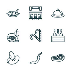 Wall Mural - set of 9 linear icons from food concept. outline icons such as cantonese seafood soup, cafe bar, covered food tray, bean, hot chilli pepper, foods vector