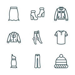 Wall Mural - set of 9 linear icons from clothes concept. outline icons such as peplum skirt, ankle boots, denim jacket, one shoulder dress, flare pants, knit hat with pom pom vector