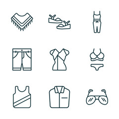 Wall Mural - set of 9 linear icons from clothes concept. outline icons such as shawl, platform sandals, jumpsuit, jersey blazer, formal shirt, pilot sunglasses vector