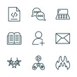 set of 9 linear icons from blogger and influencer concept. outline icons such as script, communication, makeup palette, rating, gameplay, fire vector