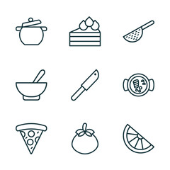 Wall Mural - set of 9 linear icons from bistro and restaurant concept. outline icons such as pot with cover, cut cake piece, strainer with handle, pepperoni pizza slice, fresh tomato, half lemon vector