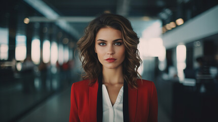 Wall Mural - Portrait of confident competent independent woman. Elegant stylish young woman in red suit and with hairstyle standing in corridor of building and looking at camera