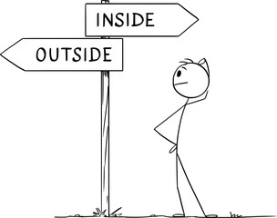 Canvas Print - Person Choosing Outside or Inside, Vector Cartoon Stick Figure Illustration