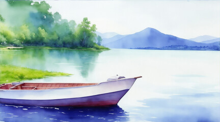 Canvas Print - Boat on the lake watercolor oil painting wallpaper background by Generative AI