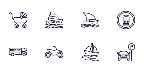 Poster - set of transportation thin line icons. transportation outline icons such as babysitter, ferry, tram stop label, school bus empty, quad bike, sailing, car parking vector.