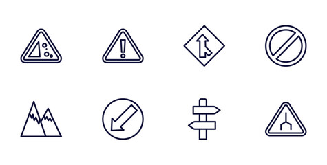 Wall Mural - set of traffic signs thin line icons. traffic signs outline icons such as falling rocks, danger, no waiting, hill, keep left, road, end of way vector.