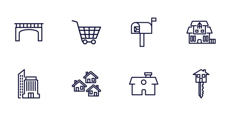 Sticker - set of real estate industry thin line icons. real estate industry outline icons such as bridges, shopping, villa, office building, neighborhood, house front view, house key vector.