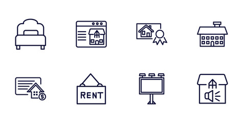 set of real estate industry thin line icons. real estate industry outline icons such as bedroom, rea