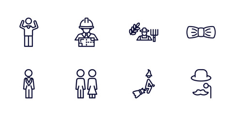 Poster - set of people thin line icons. people outline icons such as success man happy, architech working, elegance, bestman, woman and man partners, witch flying broom, sir vector.