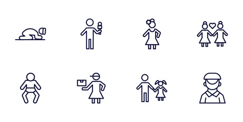 Wall Mural - set of people and relation thin line icons. people and relation outline icons such as sujud, foreign reporter, lesbian couple, baby with diaper, delivery woman, father and daughter, dutch vector.