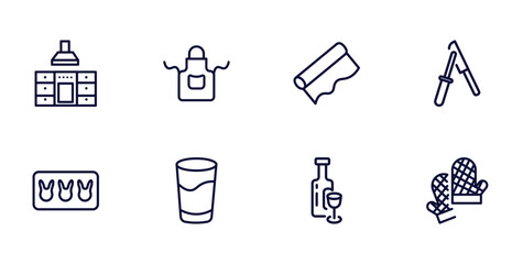 Sticker - set of kitchen thin line icons. kitchen outline icons such as kitchen, apron, knife sharpener, molded, glass, wine bottle, mitten vector.