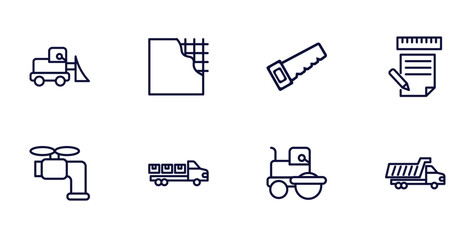 Sticker - set of construction thin line icons. construction outline icons such as little snowplow, , measures plan, stopcock, truck with load,