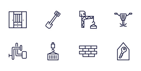 Canvas Print - set of construction thin line icons. construction outline icons such as big clo, inclined shovel, , adjusment system, derrick with load, brickwall, home key vector.