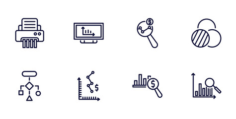 Canvas Print - set of business and analytics thin line icons. business and analytics outline icons such as paper shredder, bars graphic on screen, value chart, flow chart, depleting chart, dollar analysis bars,