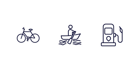 Sticker - set of transportation thin line icons. transportation outline icons included bicycle side view, boating, petrol station vector.