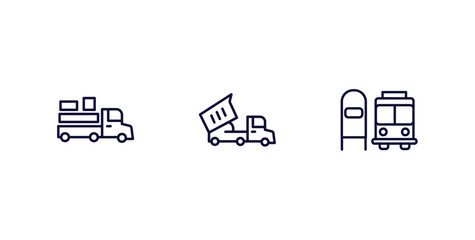 Sticker - set of transportation thin line icons. transportation outline icons included loaded truck side view, heavy vehicle, scholar bus stop vector.