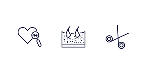 Sticker - set of medical and healthcare thin line icons. medical and healthcare outline icons included medical heart scan, dermis, opened scissors vector.