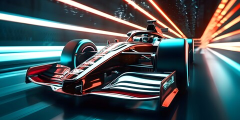 Wall Mural - Futuristic racing formula at fast ride to finish. Postproducted generative AI