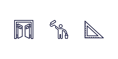 Poster - set of construction thin line icons. construction outline icons included doors open, man painting, angle ruler vector.