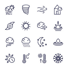 Canvas Print - set of weather thin line icons. weather outline icons such as haze, breeze, tropical storm, gust, blanket of fog, daytime, degree, warm, snow vector.