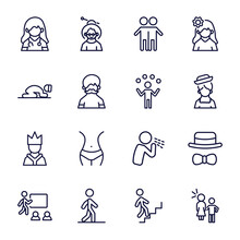 Set Of People And Relation Thin Line Icons. People And Relation Outline Icons Such As Female Doctor, Brothers, Sujud, Juggling Ball, Emperor, Classroom Stats, Bast, Walking Downstairs, Sexual