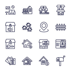 Sticker - set of real estate industry thin line icons. real estate industry outline icons such as house decoration, villa, advertisement, map location, tenant, catalog, storehouse, real estate, mailbox