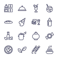 Wall Mural - set of food thin line icons. food outline icons such as kitchen pack, tropical drink, french bread, alcoholic drinks, dairy, hainanese chicken, leaf, kebab, fried tofu curd balls vector.