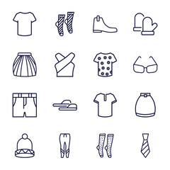 Wall Mural - set of clothes and outfit thin line icons. clothes and outfit outline icons such as cotton polo shirt, leather chelsea boots, tulle skirt, t shirt with de, denim shorts, knit hat with pom pom,