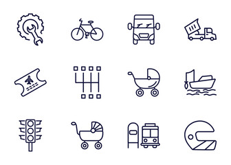 Wall Mural - set of transportation thin line icons. transportation outline icons such as repair, bicycle side view, van front view, _icon19_, plane tickets, semaphore, babysitter, scholar bus stop vector.