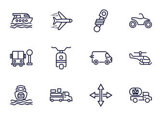 Poster - set of transportation thin line icons. transportation outline icons such as luxury yacht, airplane flying, shock breaker, _icon19_, school bus stop, ferry carrying cars, loaded truck side view,