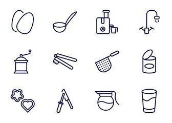 Wall Mural - set of kitchen thin line icons. kitchen outline icons such as eggs, ladle, juicer, _icon19_, coffee grinder, cookie cutter, knife sharpener, coffee pot vector.