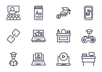 Wall Mural - set of distance learning thin line icons. distance learning outline icons such as lesson, vocabulary