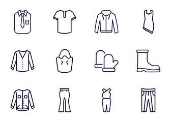 Wall Mural - set of clothes and outfit thin line icons. clothes and outfit outline icons such as collarless cotton shirt, henley shirt, hooded jacket, _icon19_, cotton cardigan, denim jacket, flare pants,