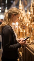 Canvas Print - A woman looking at a cell phone in a store. AI.