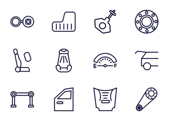 Poster - set of car parts thin line icons. car parts outline icons such as car petrol cap, mud flap, dipstick, _icon19_, air bag, torsion bar, door, hood vector.