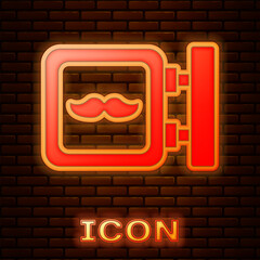 Poster - Glowing neon Barbershop icon isolated on brick wall background. Hairdresser logo or signboard. Vector Illustration