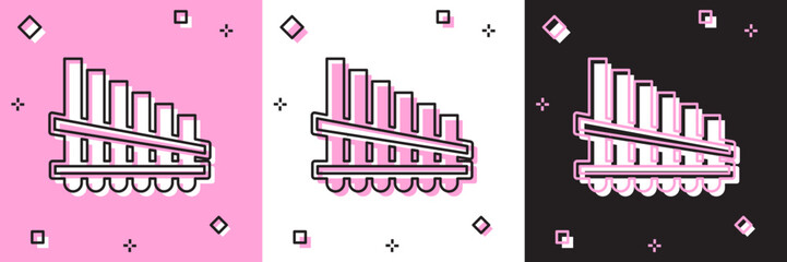 Poster - Set Pan flute icon isolated on pink and white, black background. Traditional peruvian musical instrument. Zampona. Folk instrument from Peru, Bolivia and Mexico. Vector