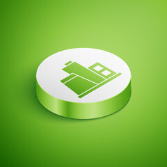 Poster - Isometric Factory icon isolated on green background. Industrial building. White circle button. Vector