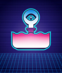 Sticker - Retro style Periscope in the waves above the water icon isolated futuristic landscape background. 80s fashion party. Vector