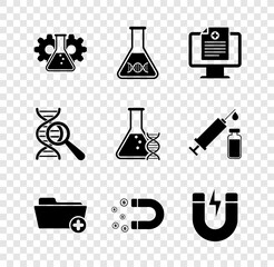 Wall Mural - Set Bioengineering, DNA research, search, Clinical record on monitor, Health folder, Magnet with money and lightning icon. Vector