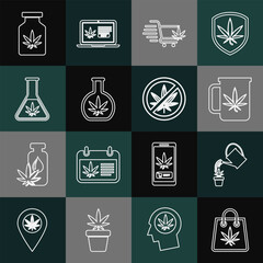 Poster - Set line Shopping bag of marijuana, Watering can, Cup tea with, cart, Test tube, Medical bottle and Stop icon. Vector