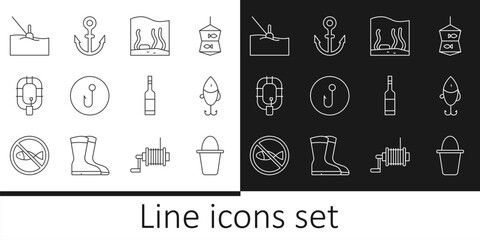 Sticker - Set line Fishing bucket, lure, Aquarium, hook, Inflatable boat, float water, Bottle of vodka and Anchor icon. Vector