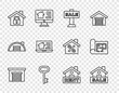 © vector_v - Set line Garage, Hanging sign with Sale, House key, under protection, Online real estate house, Rent and plan icon. Vector