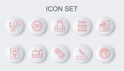 Sticker - Set line Radar with targets on monitor, Passport, Metal detector in airport, Plane landing, Aircraft steering helm, Helicopter pad, Conveyor belt suitcase and Airline ticket icon. Vector