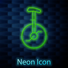 Poster - Glowing neon line Unicycle or one wheel bicycle icon isolated on brick wall background. Monowheel bicycle. Vector