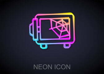 Poster - Glowing neon line Safe icon isolated on black background. The door safe a bank vault with a combination lock. Reliable Data Protection. Vector