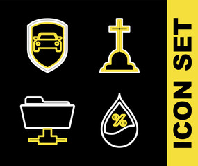 Sticker - Set line Tombstone with cross, Water drop percentage, FTP folder and Car protection or insurance icon. Vector